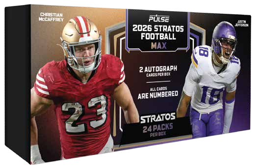 2026 Pulse Stratos Football Max packaging with Christian McCaffrey and Justin Jefferson