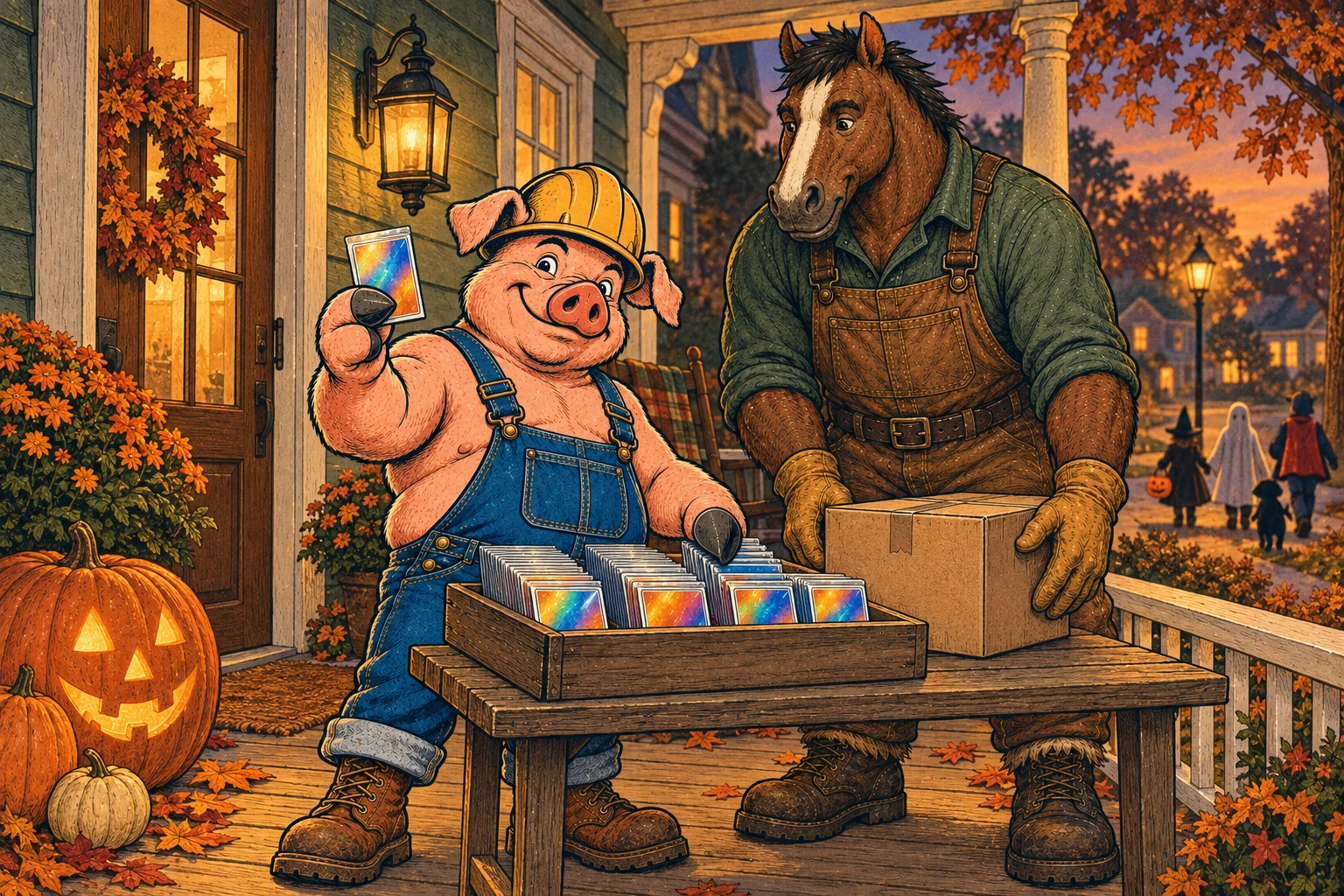 Hammy and Clyde prepare sports-card treats on an autumn porch.