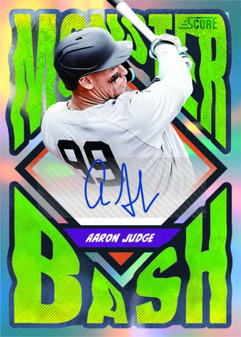 Aaron Judge follows through on a swing above a blue autograph on Monster Bash Holo Autographs.