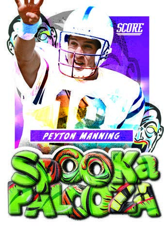 Peyton Manning throws above a large green Spook-A-Palooza title surrounded by cartoon monster details.