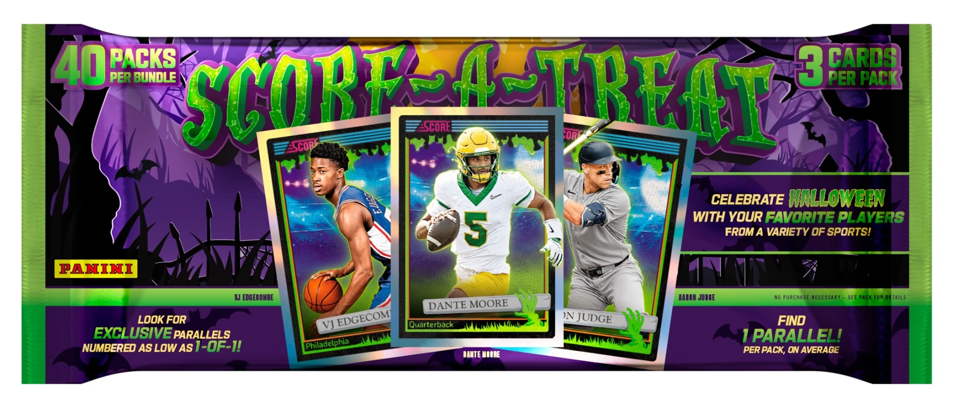 The 2026 Score-A-Treat 40-pack bundle shows VJ Edgecombe, Dante Moore and Aaron Judge against a purple Halloween background.