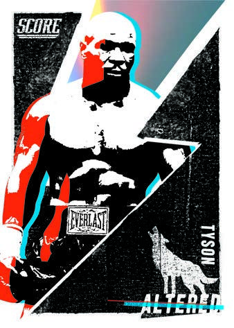 Mike Tyson rendered in black, white, red and cyan across diagonal shapes on Altered.