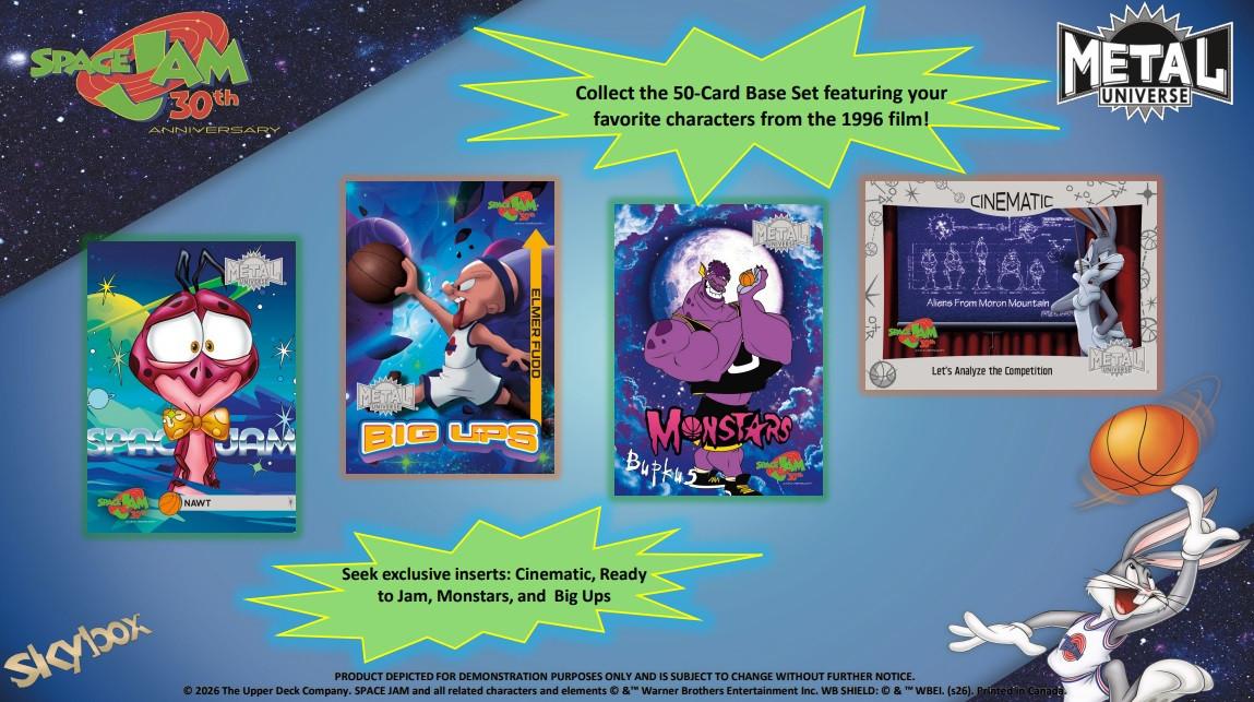 Upper Deck Space Jam 30th Anniversary manufacturer preview showing Nawt, Elmer Fudd, Bupkus and a Cinematic Bugs Bunny card