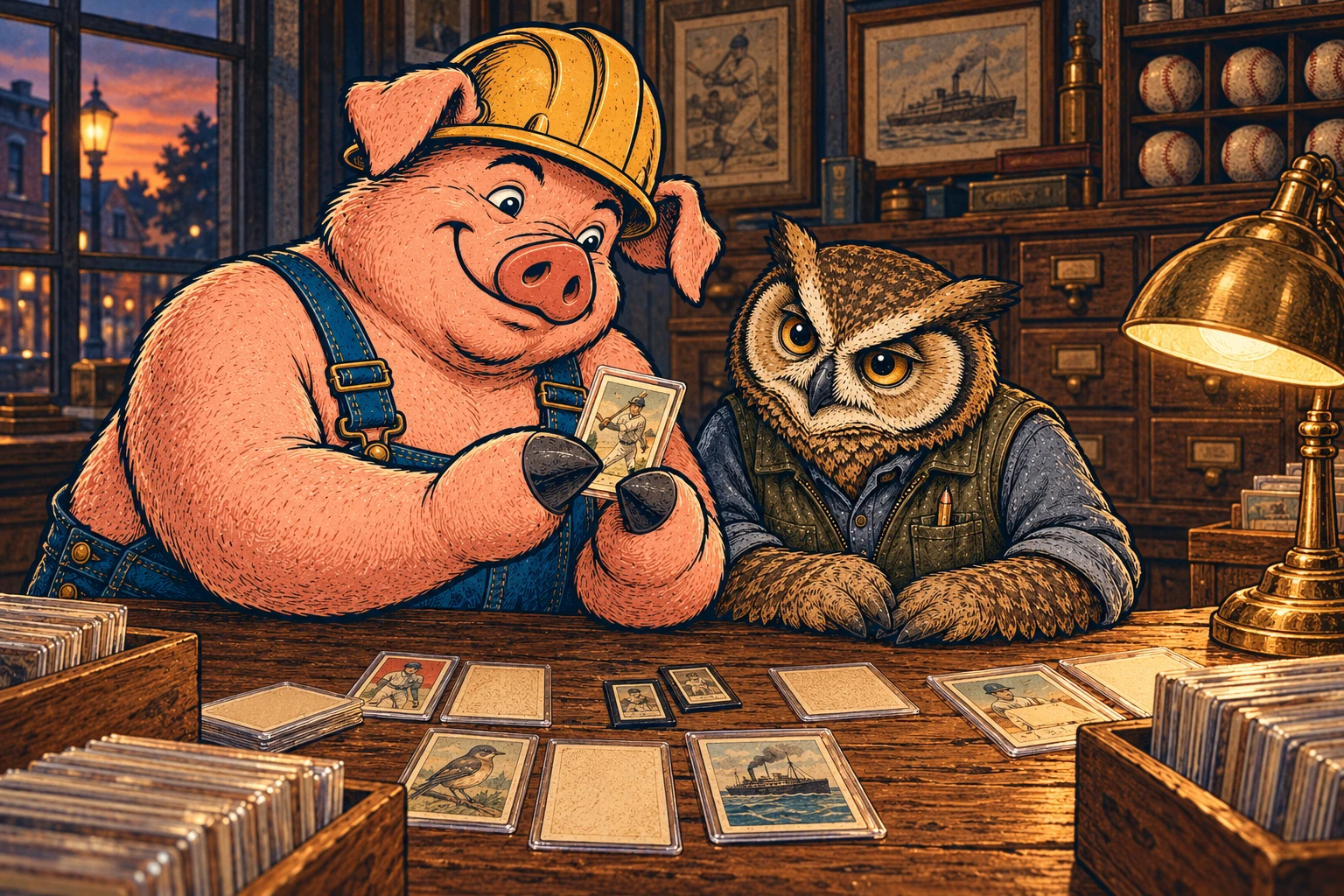 Hammy and Lemmy examine miniature and standard-size trading cards at the card shop.
