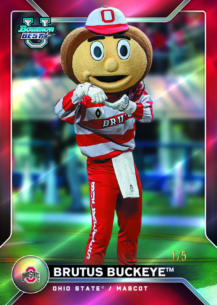 Brutus Buckeye Best of Mascots Red Refractor promotional preview, numbered 1/5, with a red border matching his Ohio State outfit.