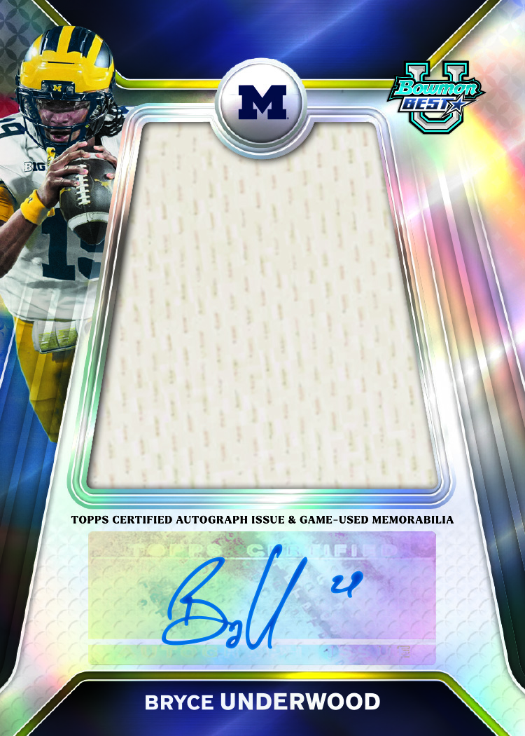 Bryce Underwood Prospect Relic Autographs promotional preview, with a large white fabric window and blue autograph on a visible certification sticker below.