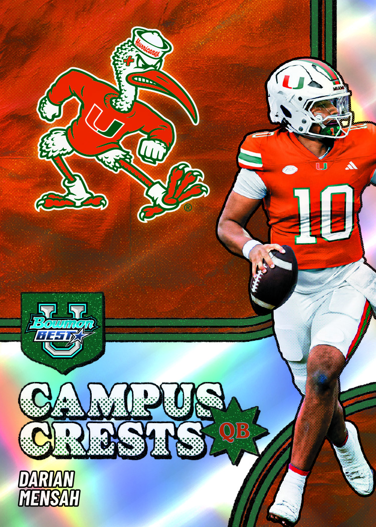 Darian Mensah Campus Crests promotional preview in Miami orange and green, with Sebastian the Ibis beside the quarterback.