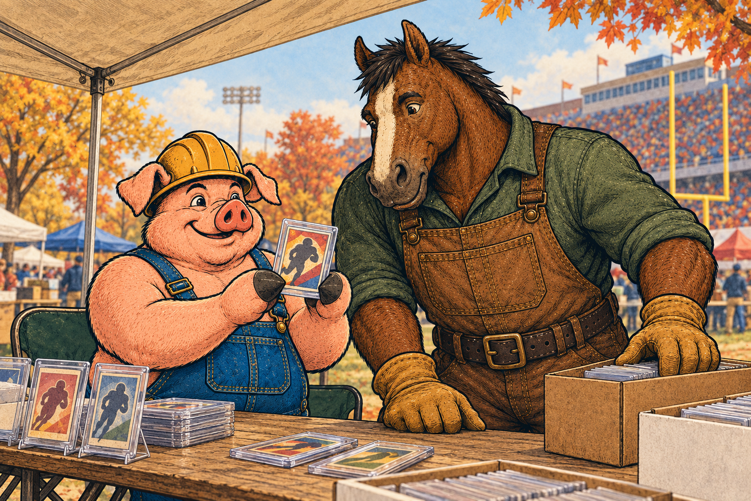 Hammy and Clyde compare a protected football card at an outdoor card-show table beside a college stadium in autumn.
