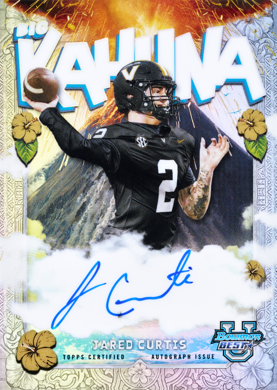 Jared Curtis Big Kahuna Autographs promotional preview with a black Vanderbilt uniform, oversized white lettering, flowers and a blue signature.