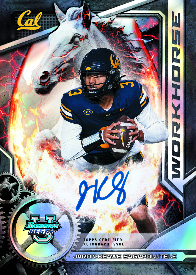 Jaron-Keawe Sagapolutele Workhorse Autograph Variation promotional preview with a Cal uniform, blue signature, horse illustration, flames and gears.