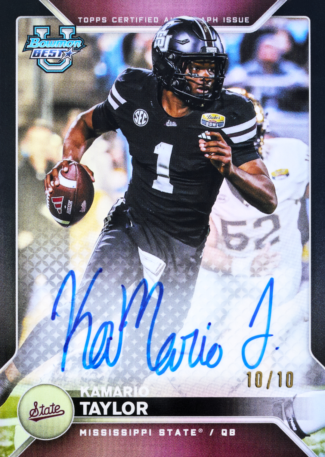 Kamario Taylor Best of 2026 Autographs Black Refractor promotional preview, numbered 10/10, with a blue signature below his Mississippi State action photograph.