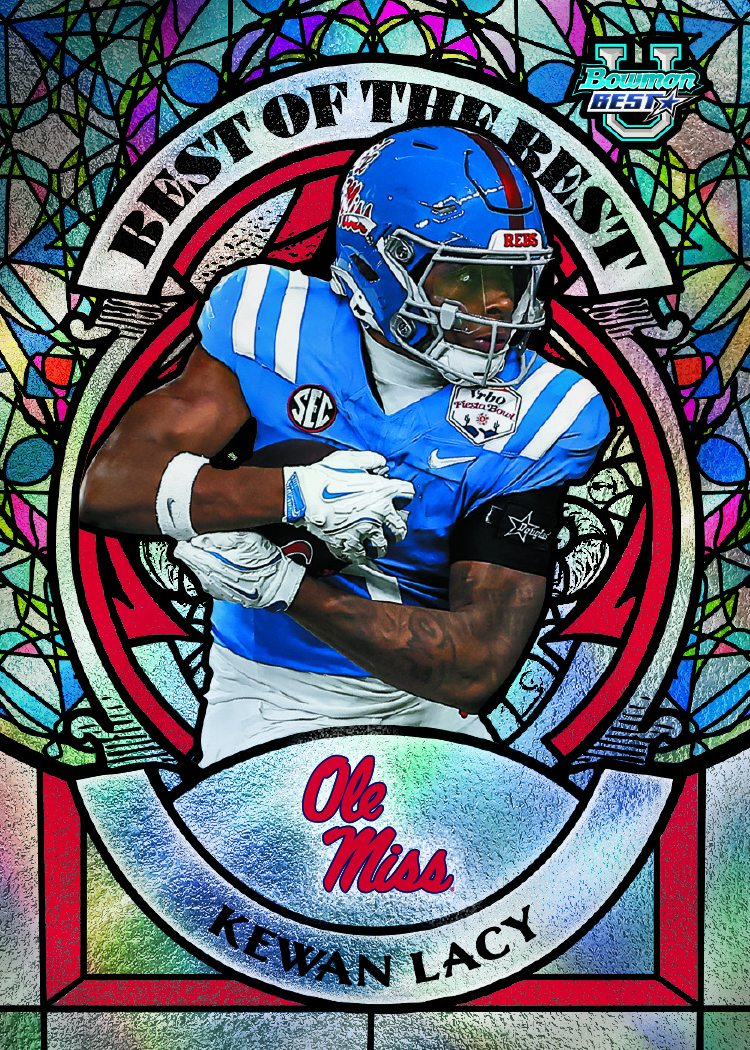 Kewan Lacy Best of the Best promotional preview with an Ole Miss uniform inside a multicolored stained-glass-style frame.
