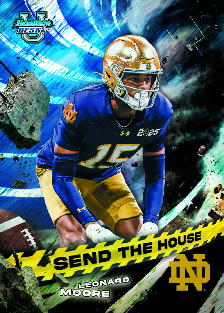 Leonard Moore Send the House promotional preview in a Notre Dame uniform, surrounded by flying rubble and a yellow-and-black title strip.