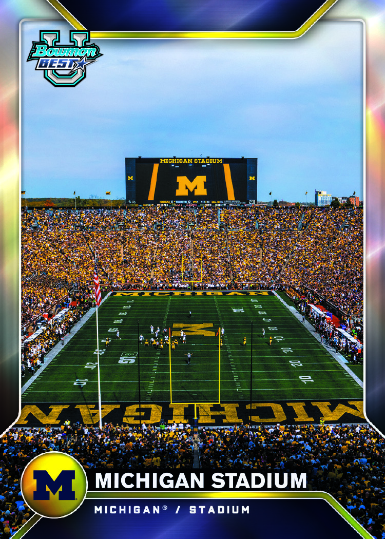 Michigan Stadium Best of Stadiums promotional preview showing the field, goalposts, packed stands and large Michigan scoreboard.