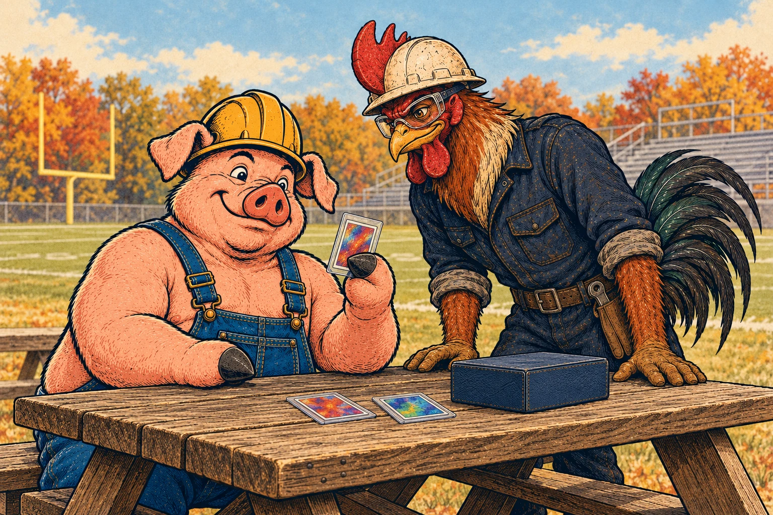 Hammy and Riggs compare sleeved trading cards at a picnic table beside an autumn football field.