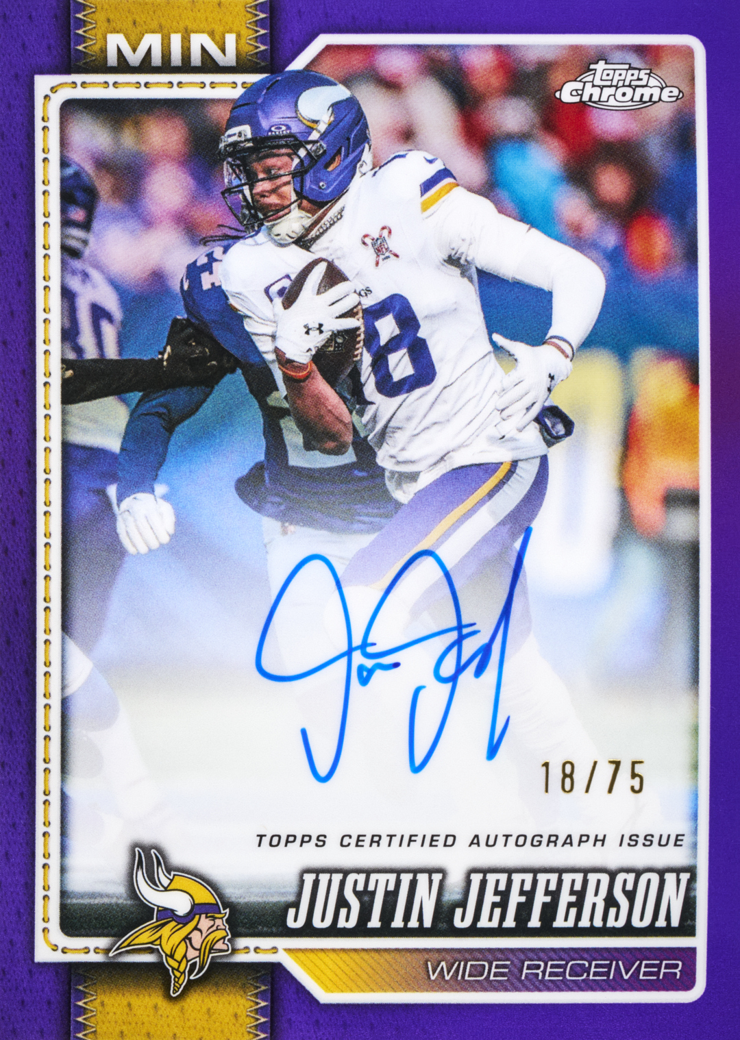 Justin Jefferson Purple Refractor autograph preview, numbered 18/75, with purple and yellow Vikings colors.