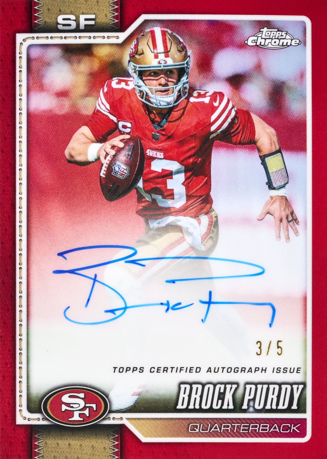 Brock Purdy Red Refractor autograph preview, numbered 3/5, with a large blue signature below his red 49ers jersey.