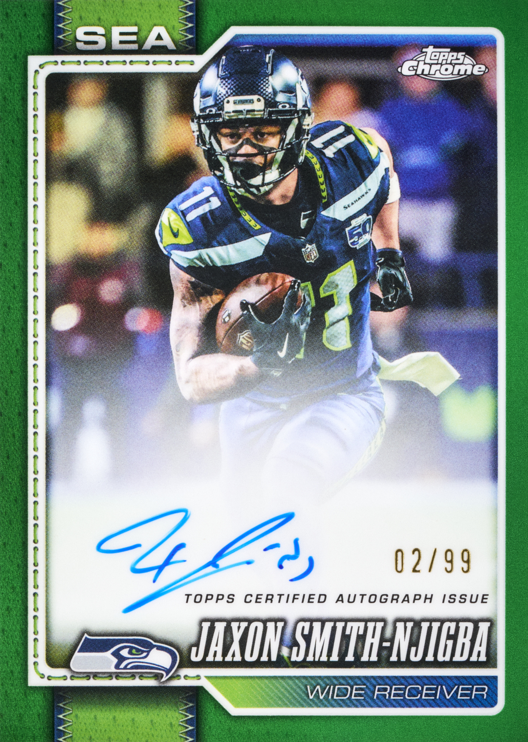 Jaxon Smith-Njigba Green Refractor autograph preview, numbered 02/99, with a green frame and blue signature.