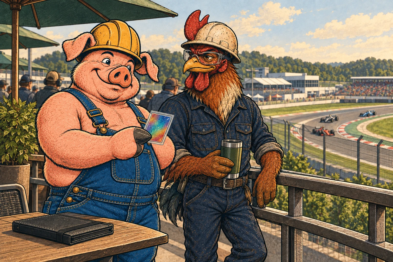Hammy and Riggs look at a card beside an open-wheel race circuit.