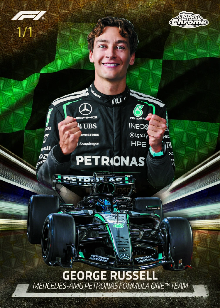 George Russell appears above his Mercedes car on a dark green and gold The Grid Superfractor marked 1/1.