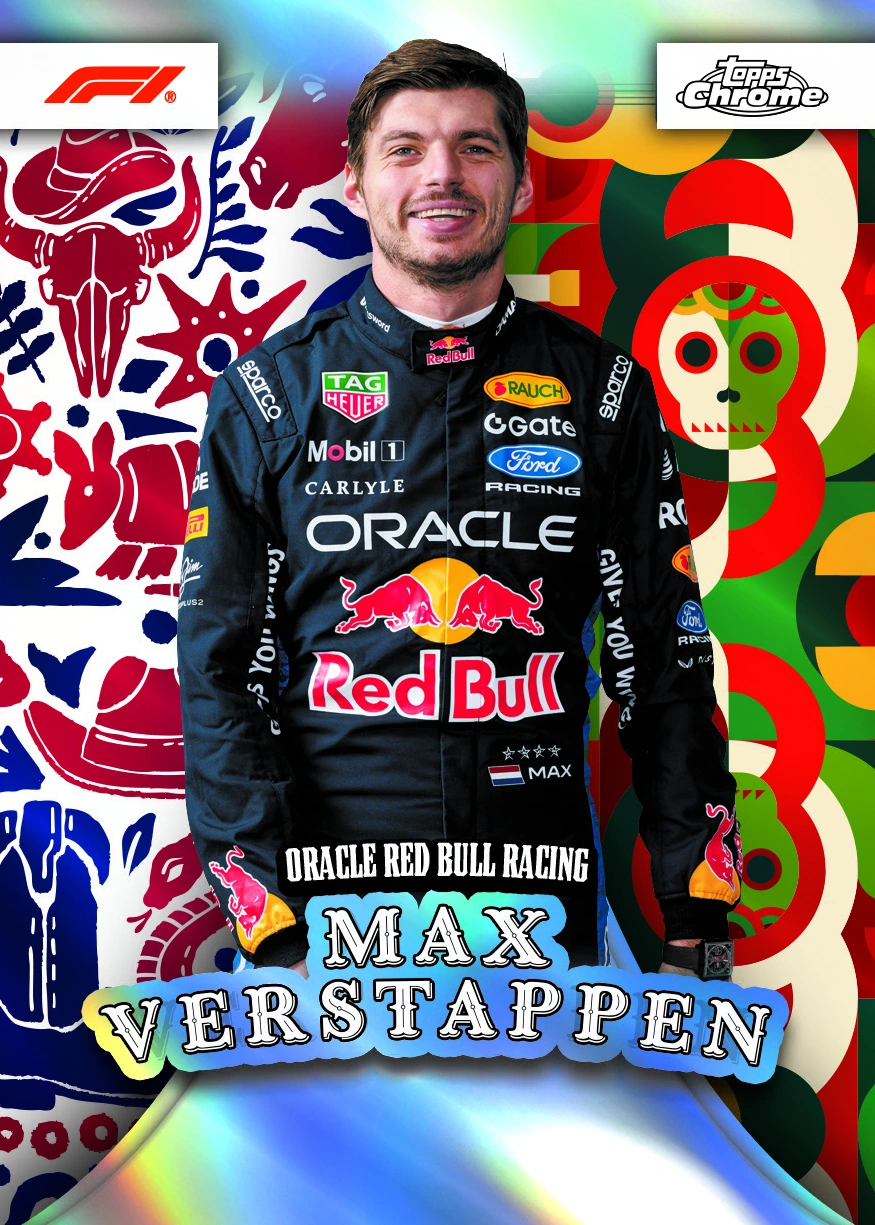 Max Verstappen stands against colorful graphic patterns on his Austin to Mexico City insert.