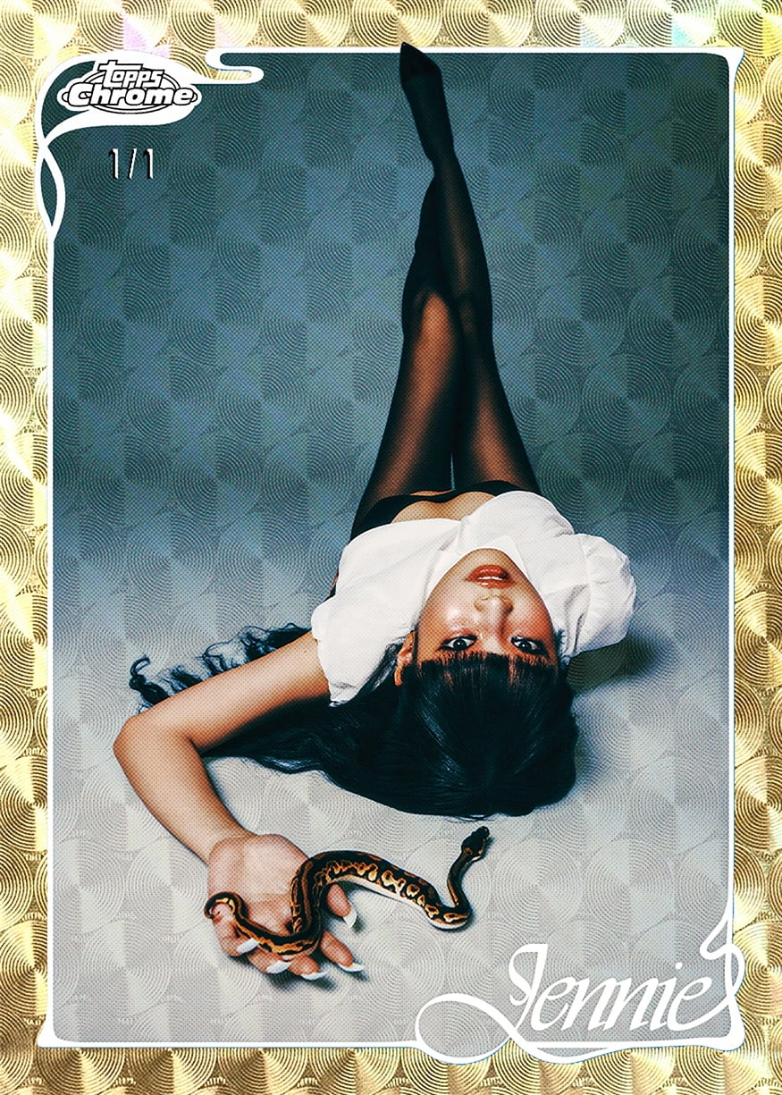 Official 2026 Topps Chrome × Jennie base Superfractor preview, with a reclining portrait and gold 1/1 border.