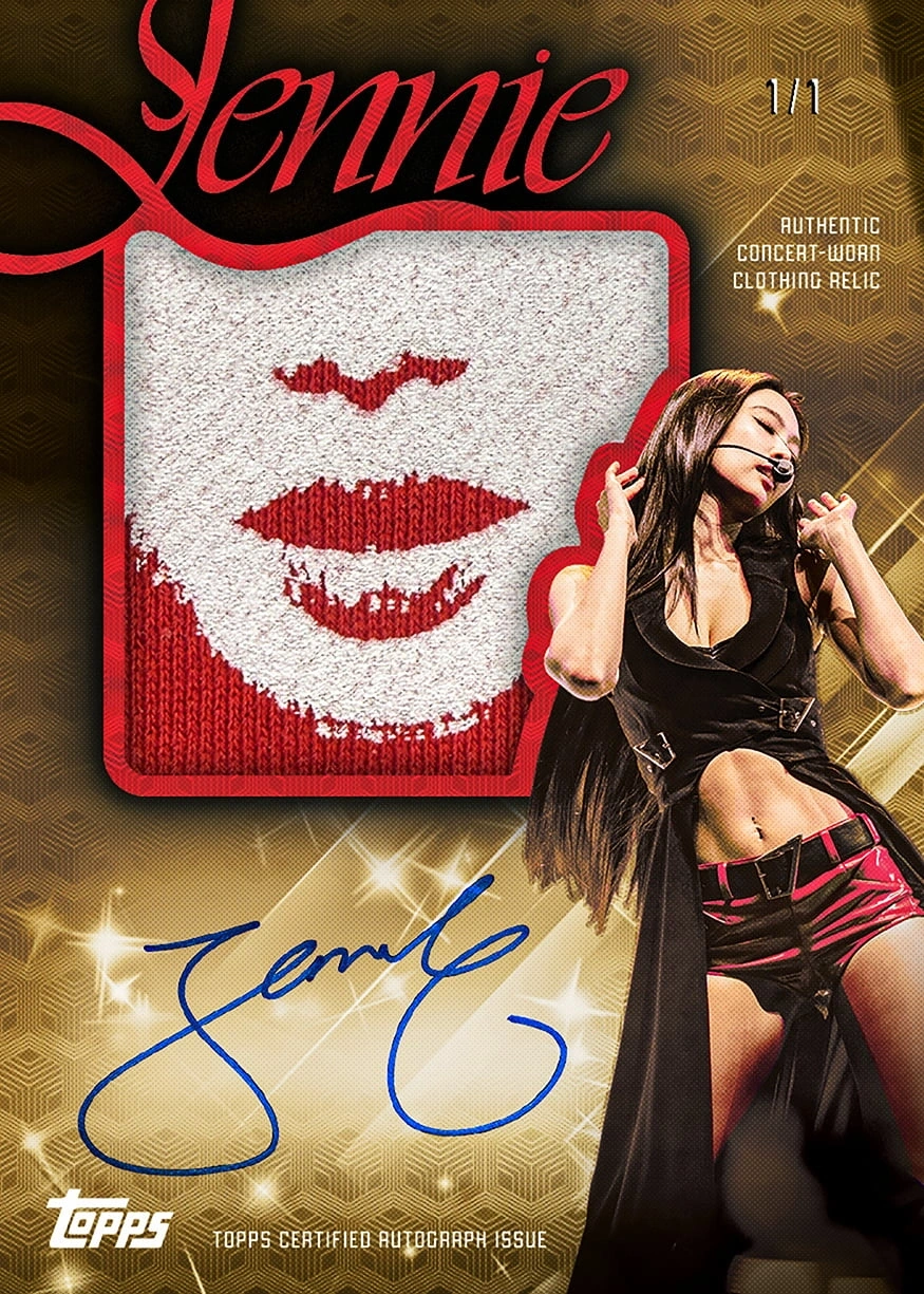 Official Jennie Concert Autograph-Relic 1/1 preview shows a red-and-white clothing swatch, blue autograph and performance photograph.