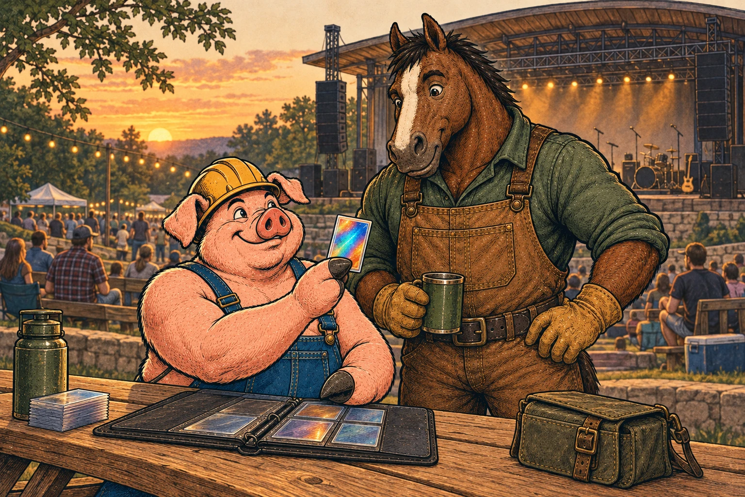 Hammy and Clyde look at music cards before an outdoor concert.