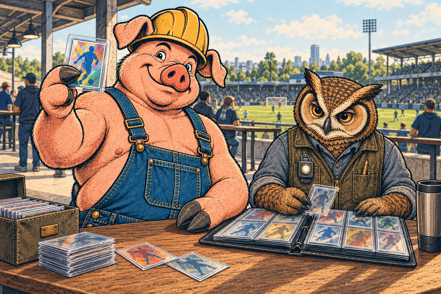 Hammy holds a sleeved soccer card while Lemmy studies an album at a stadium concourse.