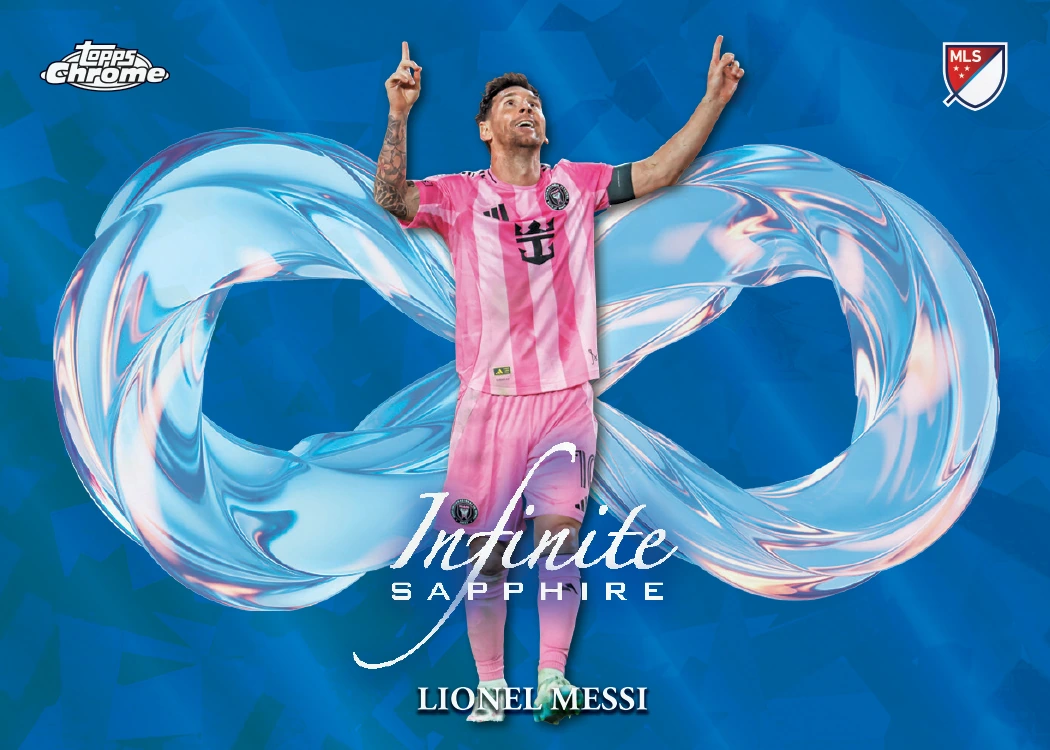 Lionel Messi Infinite Sapphire card in his pink Inter Miami kit, with a flowing silver infinity design on blue.