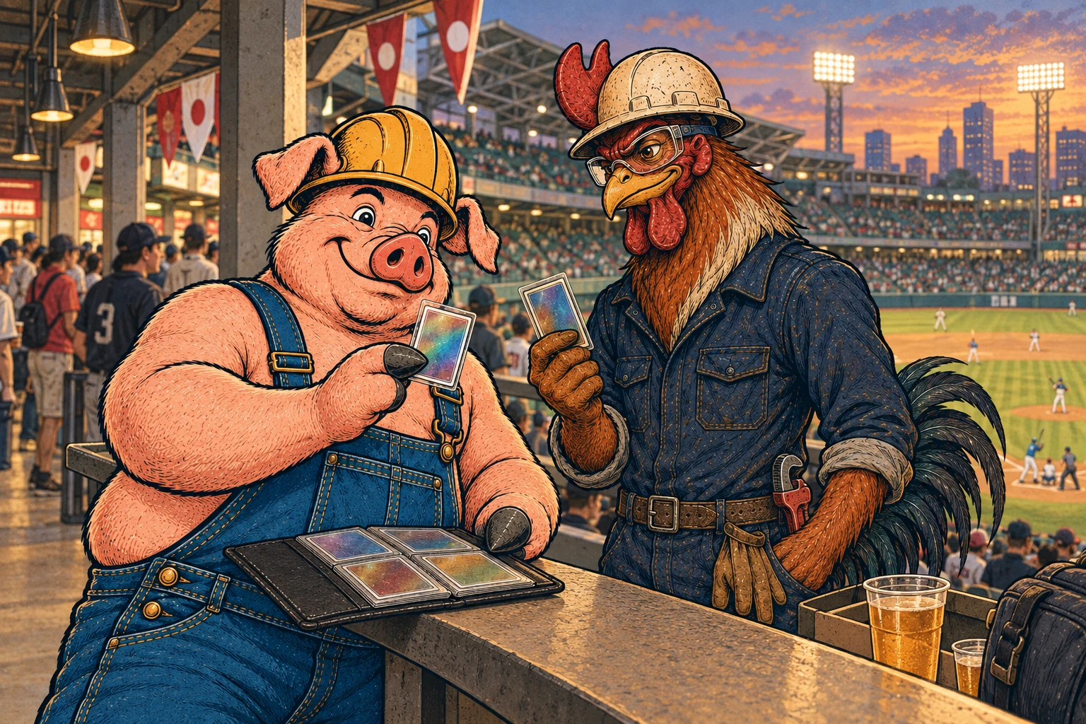 Hammy and Riggs share baseball cards at a Japanese ballpark.