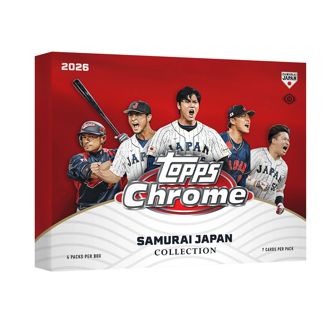 Official 2026 Topps Chrome Samurai Japan Collector’s Box with four packs of seven cards.