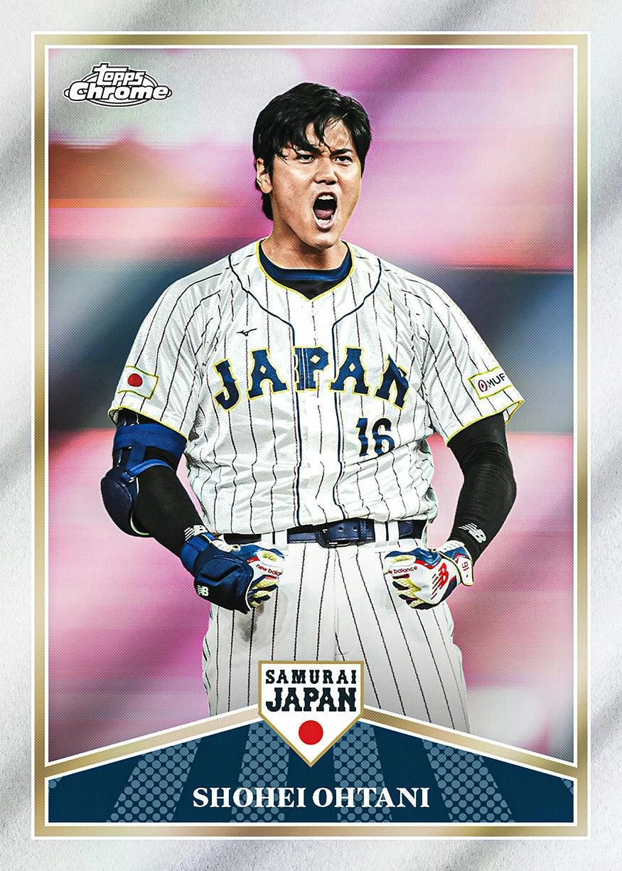 Shohei Ohtani celebrates in the official 2026 Topps Chrome Samurai Japan base preview.
