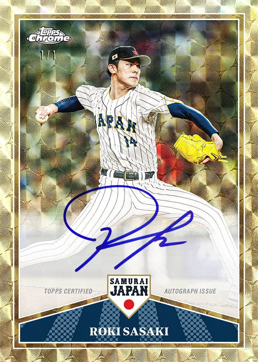 Roki Sasaki Base Autograph Superfractor preview with a broad signature below the pitching image.