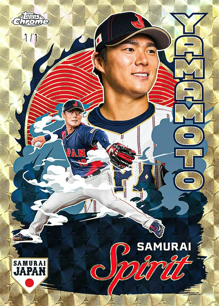 Yoshinobu Yamamoto Samurai Spirit Superfractor preview with portrait, pitching image and wave illustration.