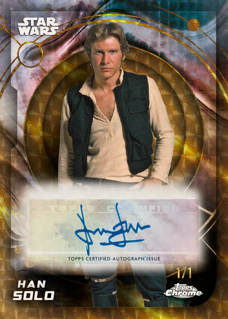Harrison Ford's blue signature appears beneath Han Solo on an official gold Superfractor autograph preview numbered 1/1.