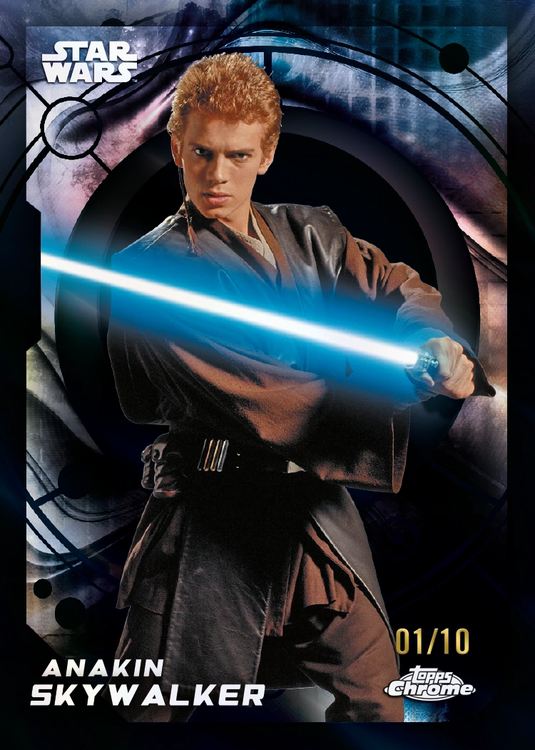 Anakin Skywalker Black Refractor official preview from 2026 Topps Chrome Star Wars, numbered 01/10.