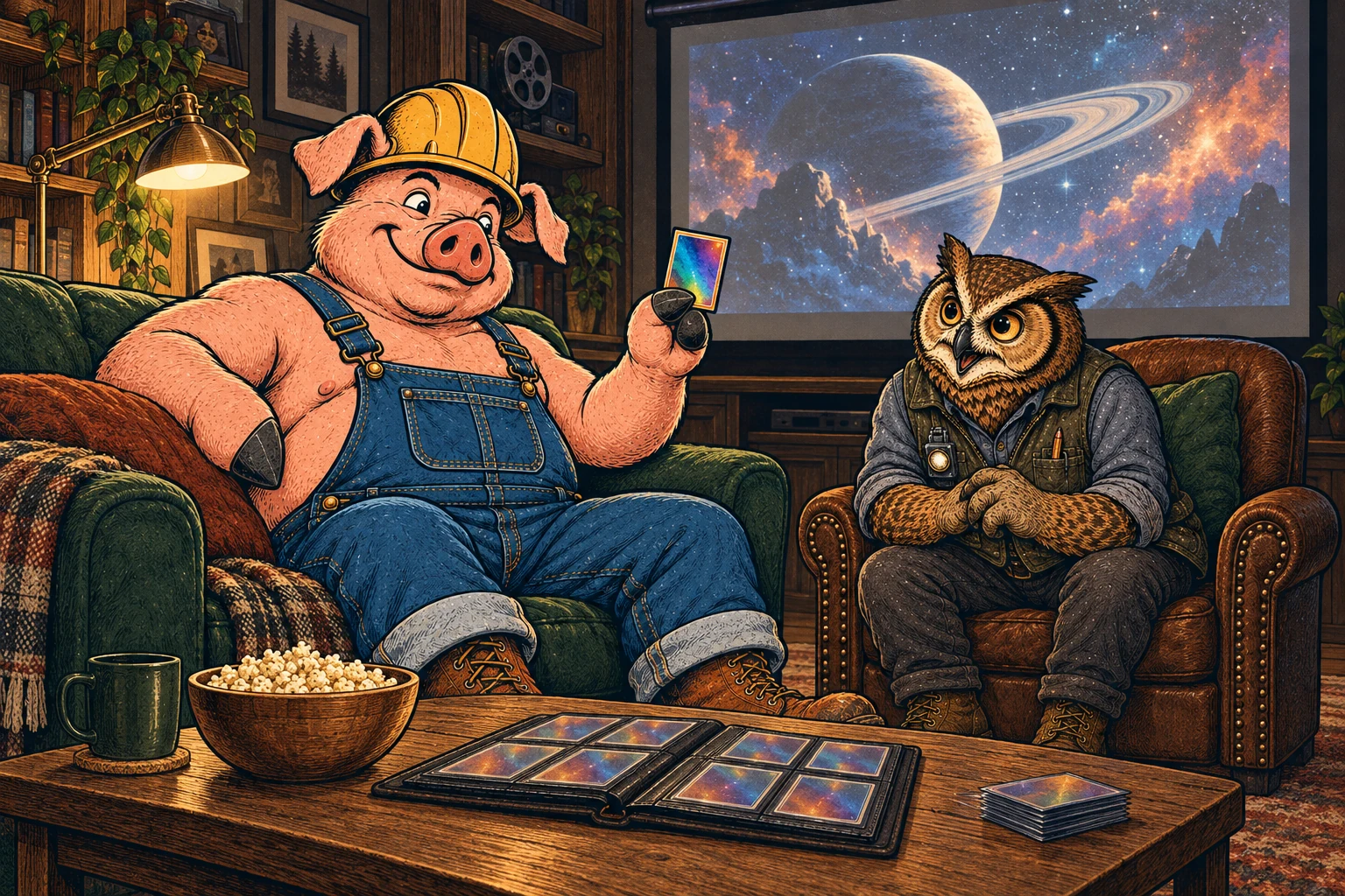 Hammy and Lemmy enjoy a card collection in a home cinema.