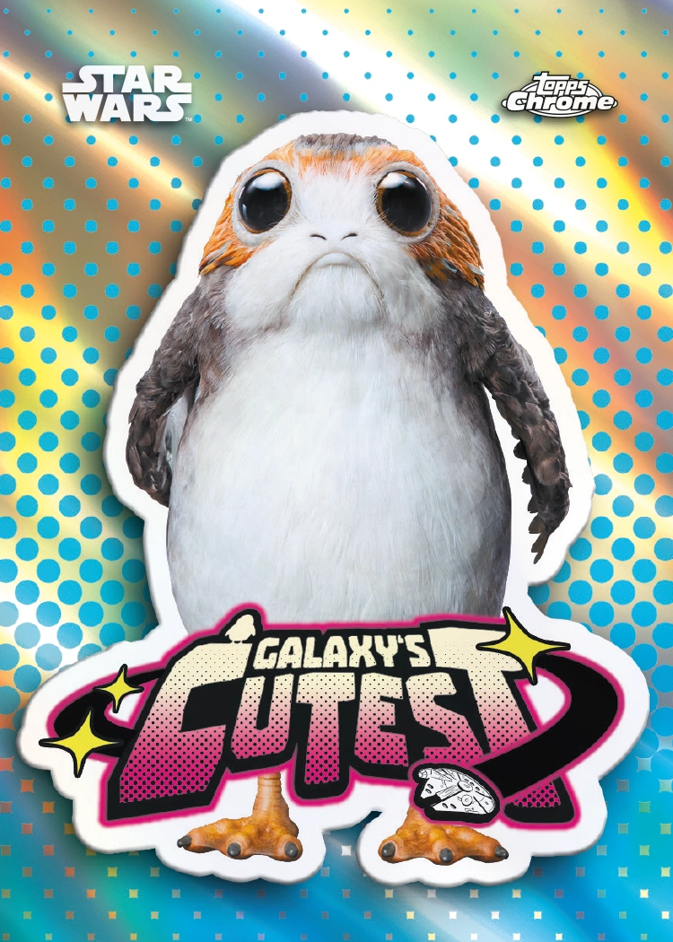 A Porg stands above the pink-and-yellow Galaxy's Cutest logo on a blue-and-gold dotted background.