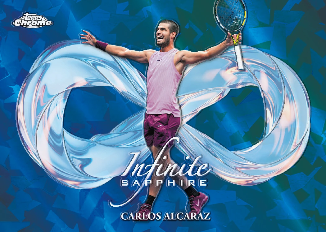 Carlos Alcaraz spreads his arms across a silver infinity symbol on a horizontal blue Infinite Sapphire card.