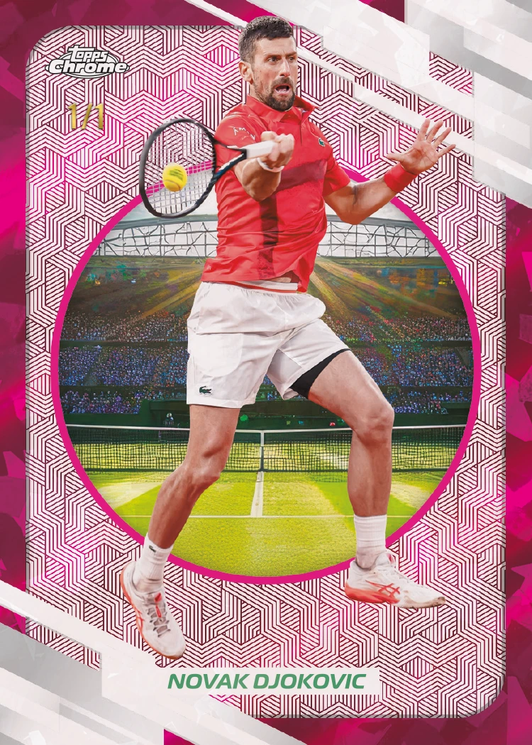 Novak Djokovic’s pink-and-white Sapphire parallel preview, with a red shirt, racket and ball, marked 1/1.