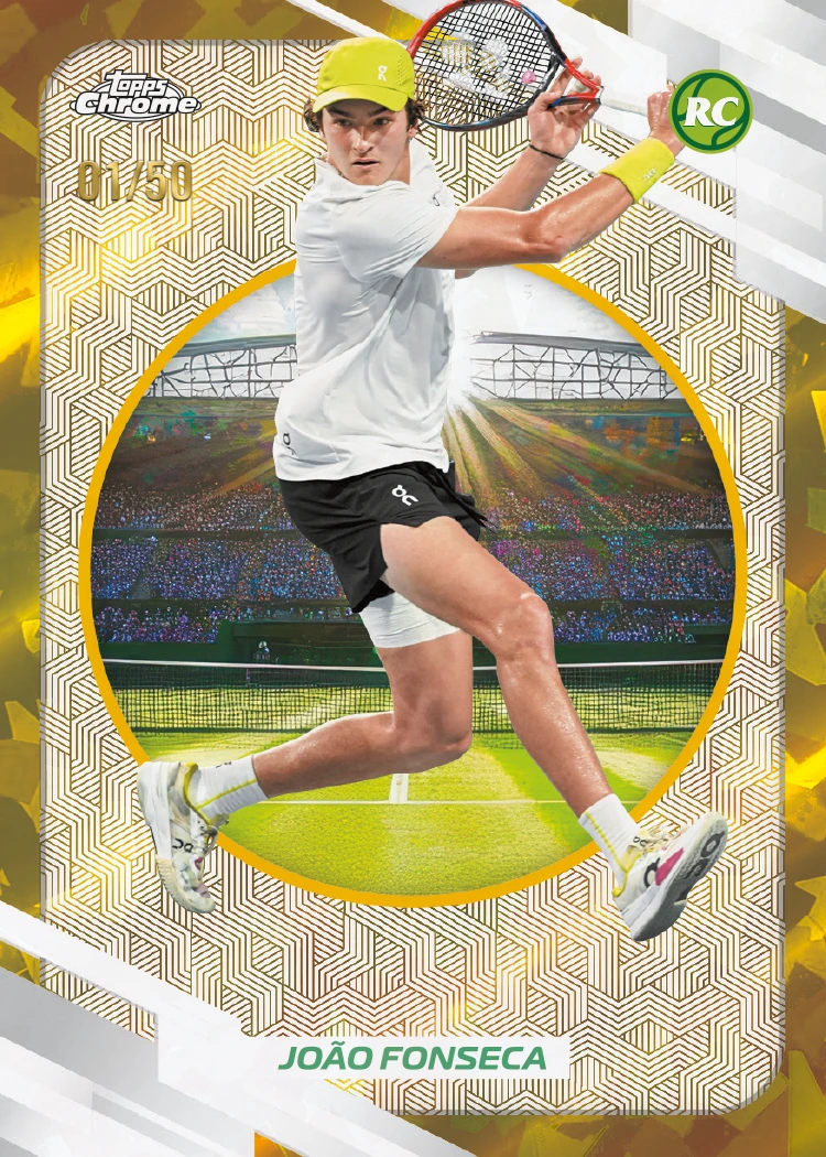 João Fonseca’s Gold Sapphire rookie card preview from 2026 Topps Chrome Tennis Sapphire.