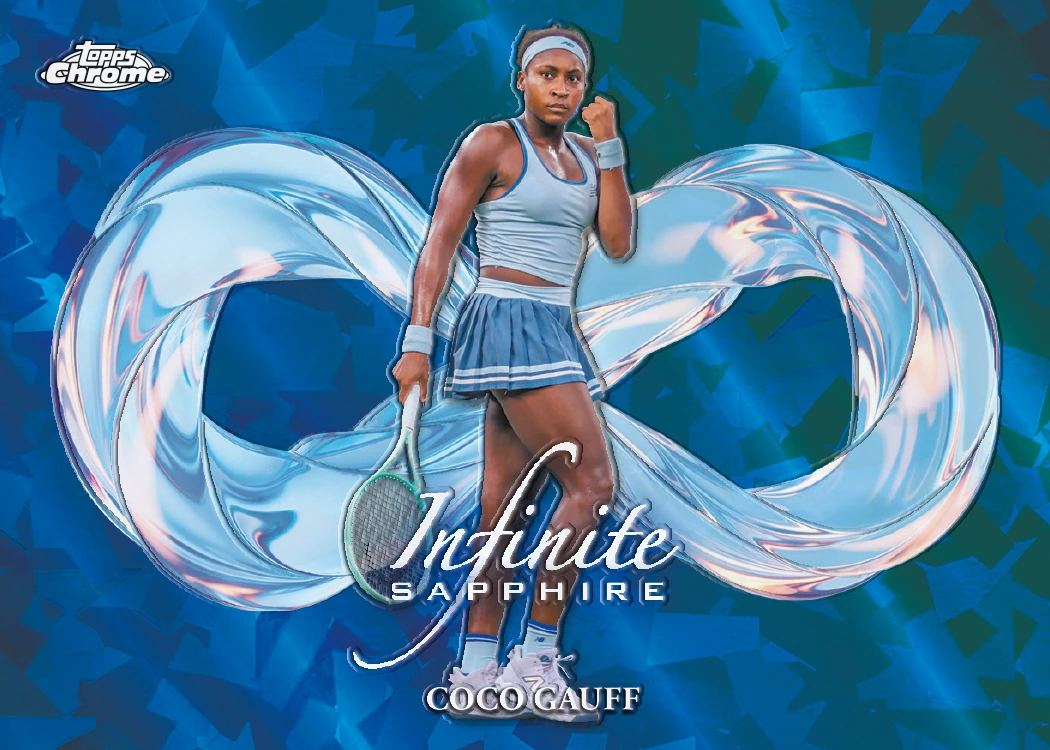 Coco Gauff holds her racket down and a fist near her face on a horizontal blue Infinite Sapphire card.