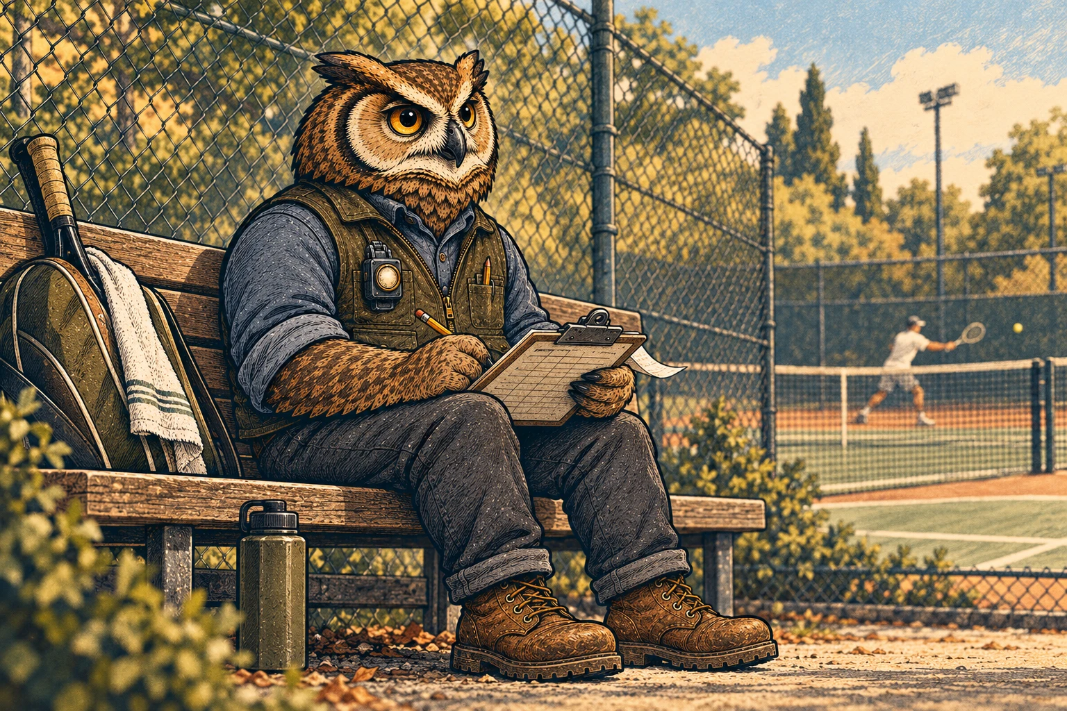 Lemmy the Owl watches a tennis rally from a wooden bench, pencil poised over a clipboard, with his racket bag beside him.