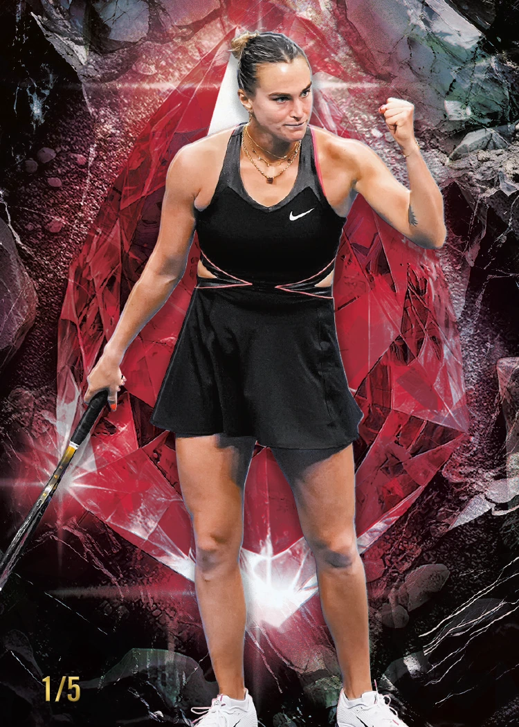 Hidden Gems Ruby card preview with a full-height tennis player, raised fist, red crystalline background and 1/5 stamp.