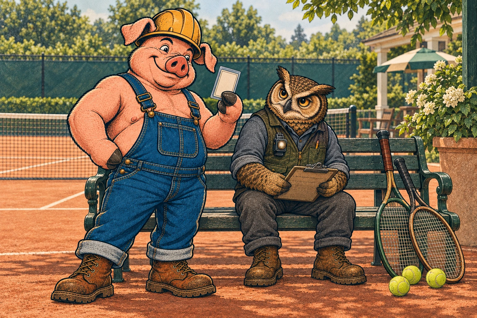 Hammy presents a card beside Lemmy on a bench, with tennis rackets and balls at a sunlit clay court.