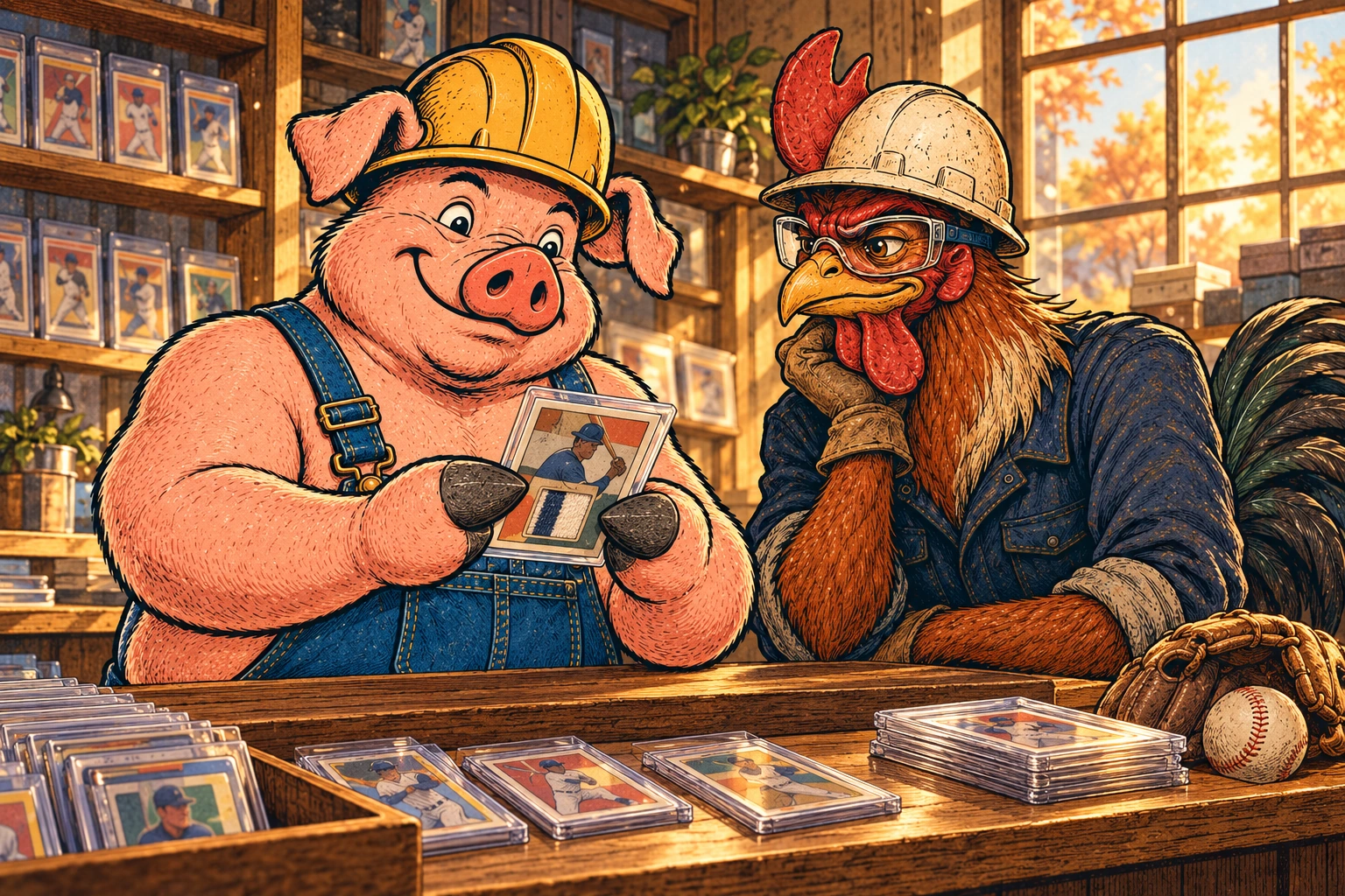 Hammy holds a protected baseball memorabilia card at the shop counter while Riggs leans in to study it, with a baseball and glove nearby.