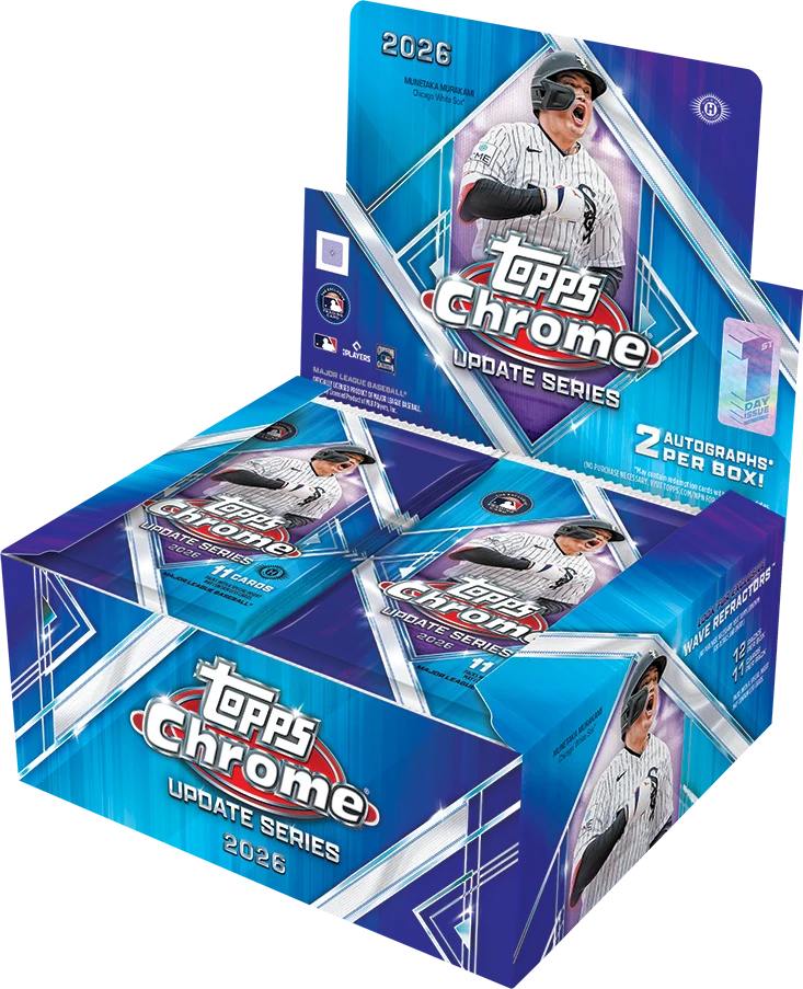 Official 2026 Topps Chrome Update First Day Issue display box featuring Munetaka Murakami.