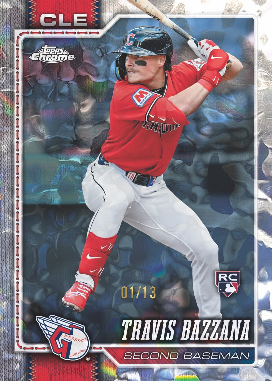 Travis Bazzana Molten Mercury rookie-card preview displaying 01/13, a red Cleveland uniform and a rippling dark metallic background.
