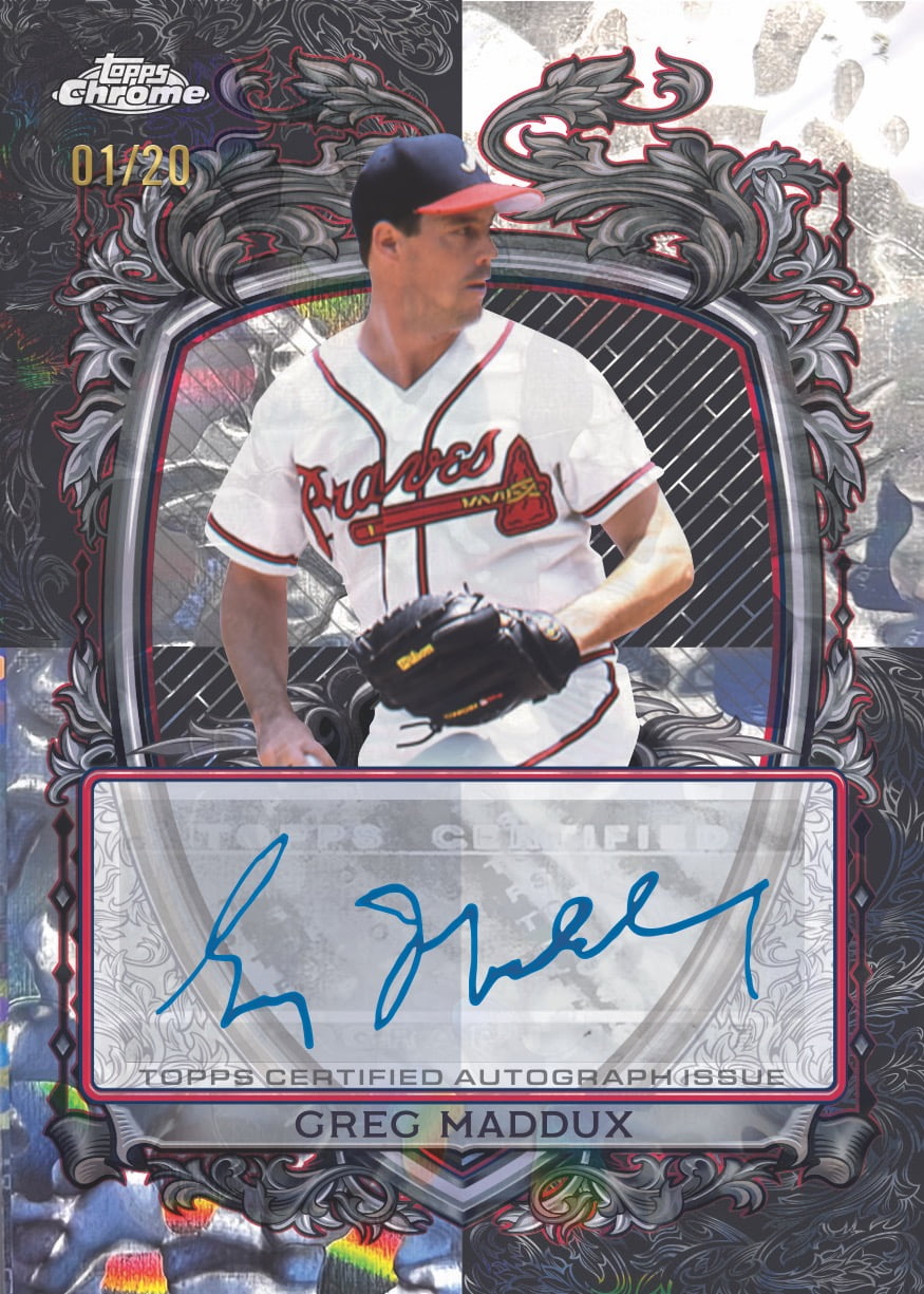 Greg Maddux Molten Mercury autograph preview with an ornate silver frame and 01/20 numbering.